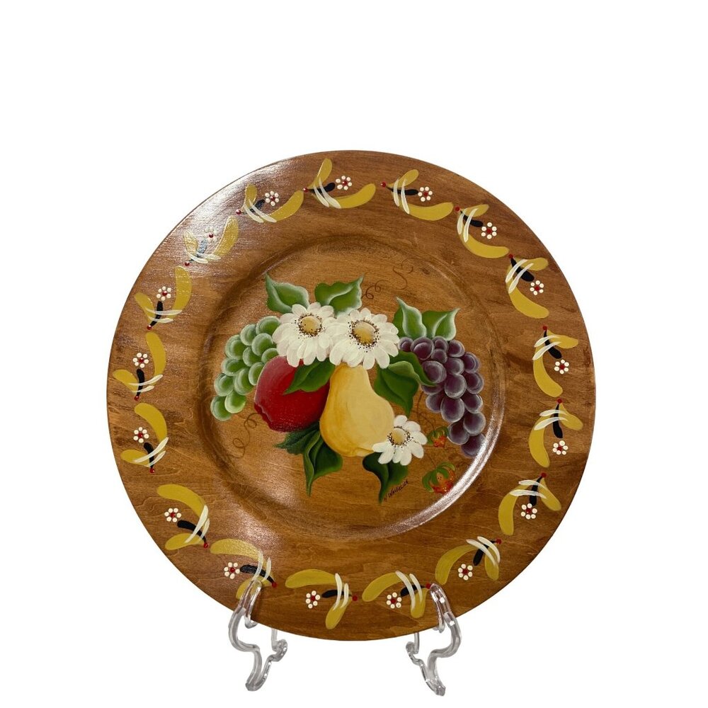 Vintage Retro Hand-painted Floral Fruit Plate signed by artist 14" Cottage Core - Picture 2 of 6